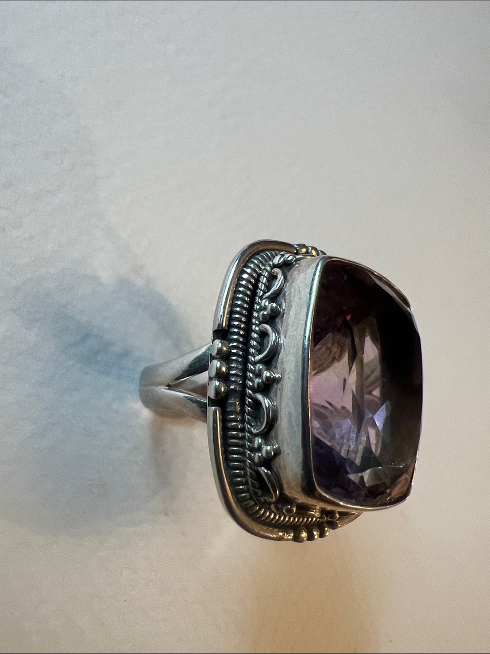 Sterling Silver Large Adjustable Purple Cushion-Cut Gemstone Statement Ring - Picture 3 of 6